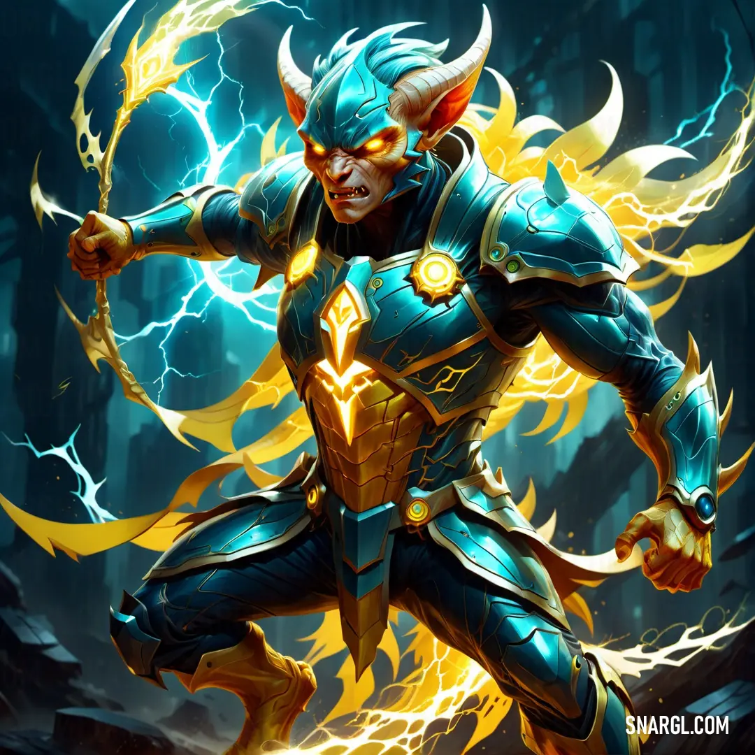 Man in a blue suit with yellow lightnings on his face and arms. Example of Stormcloud color.