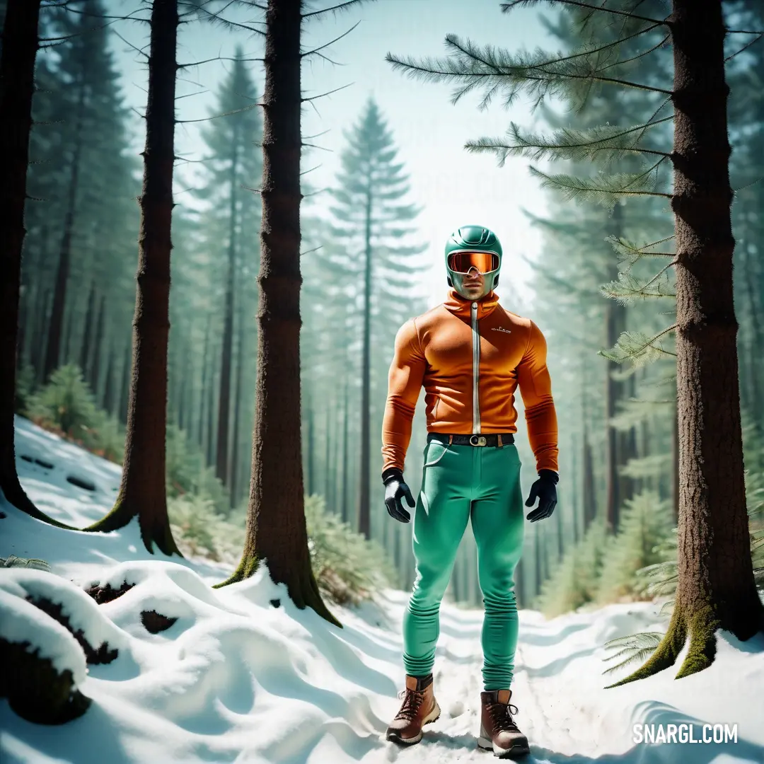 Stormcloud color example: Man in a green and orange outfit standing in the snow in front of trees and snow covered ground