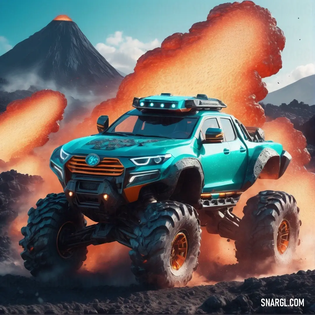 Stormcloud color example: Monster truck driving through a rocky terrain with a volcano in the background