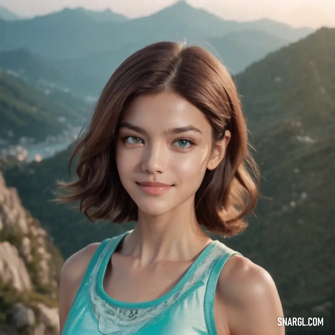 Stormcloud color example: Woman with a blue top on a mountain top with a valley in the background