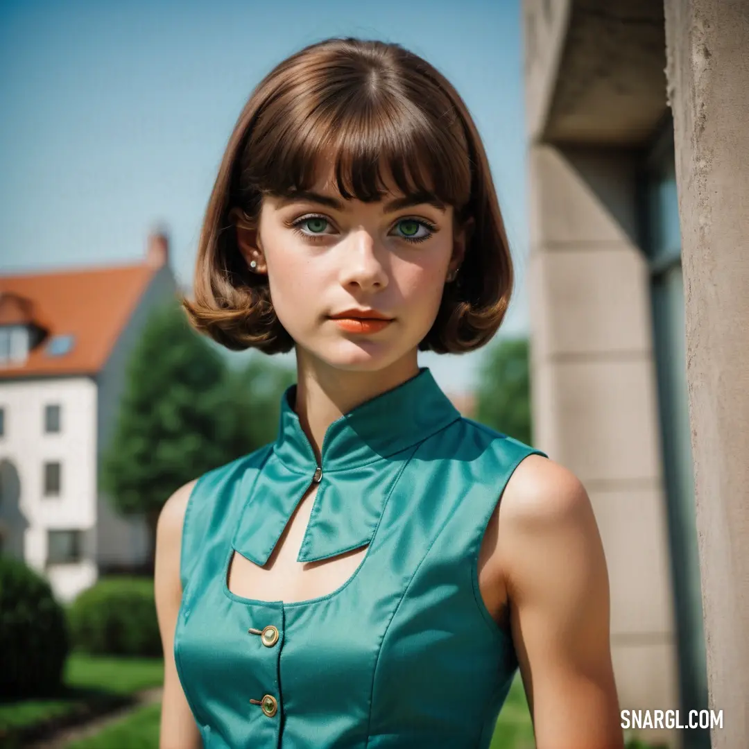 Woman with a short bob cut and a green dress is standing in front of a house and looking at the camera. Color CMYK 100,0,0,50.