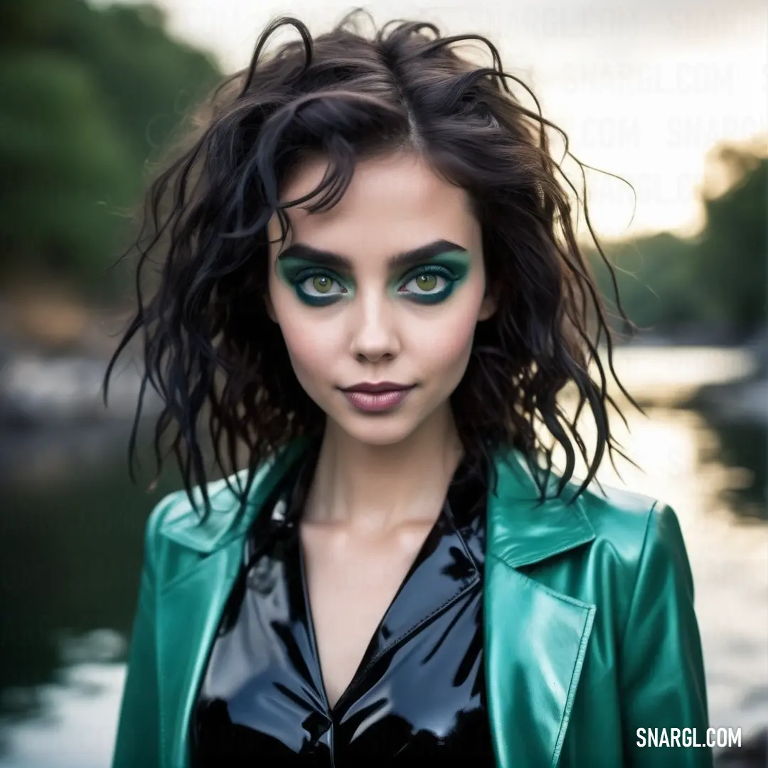 Woman with green makeup and a green jacket on posing for a picture in front of a body of water. Example of RGB 0,128,128 color.