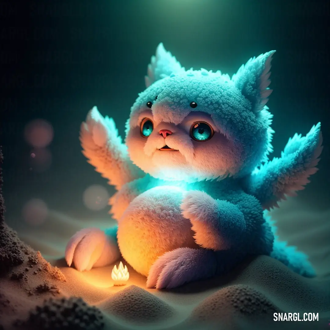 Stuffed animal with glowing eyes on a sand dune with a lit candle in its paws and wings