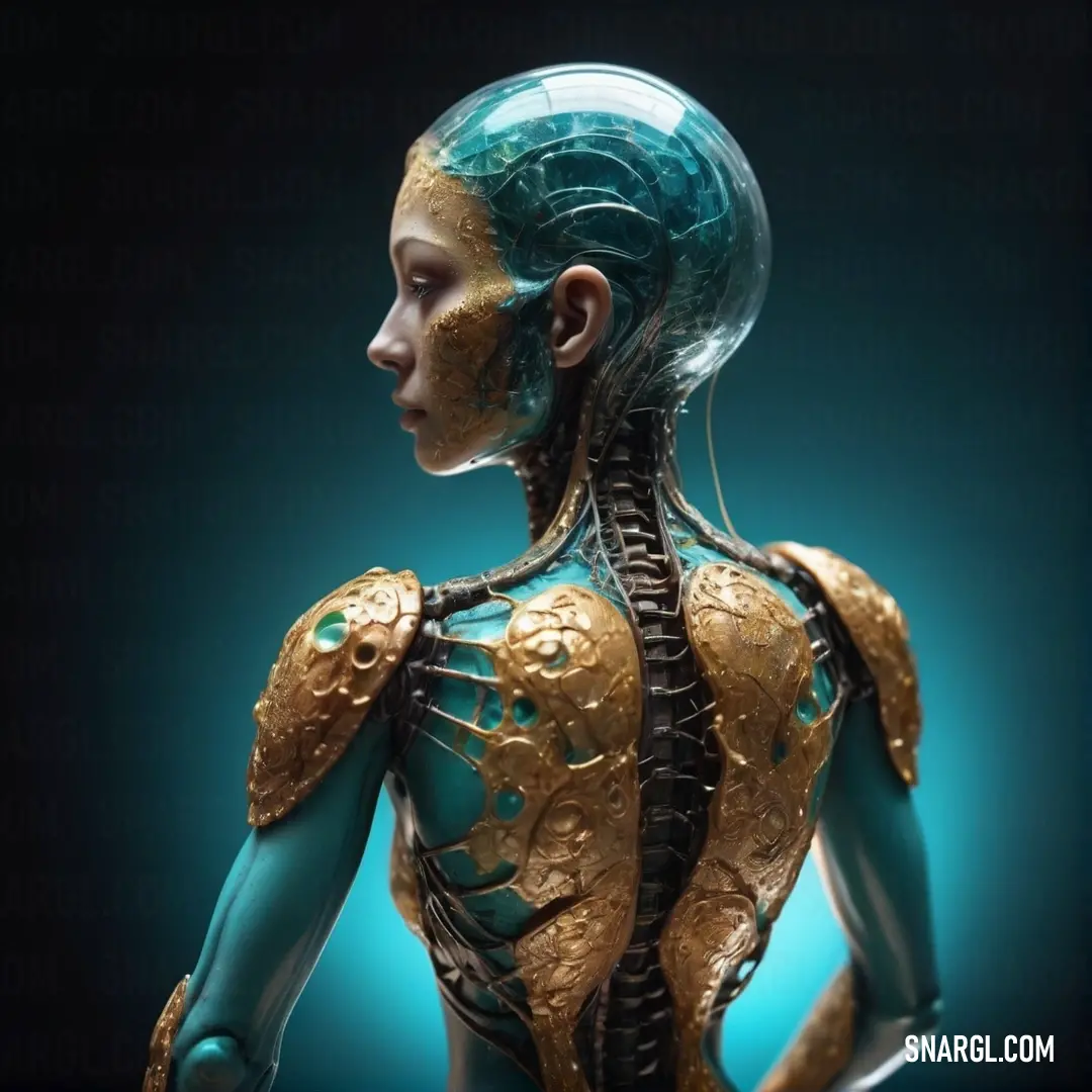 Woman with a gold body and blue hair is shown in a futuristic photo. Color Stormcloud.