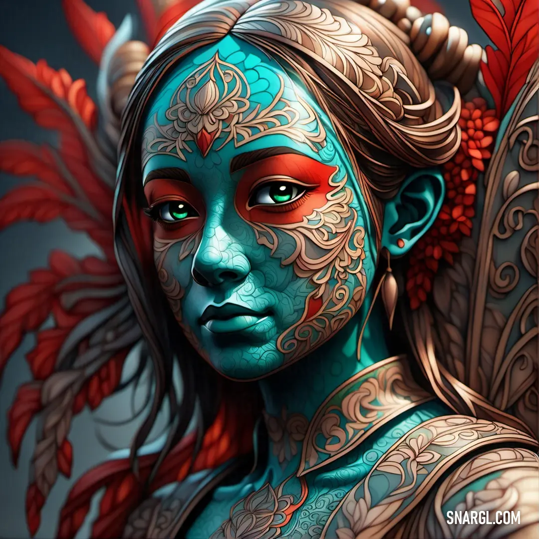 Stormcloud color example: Woman with blue skin and red makeup and a green face and body paint with feathers on her head