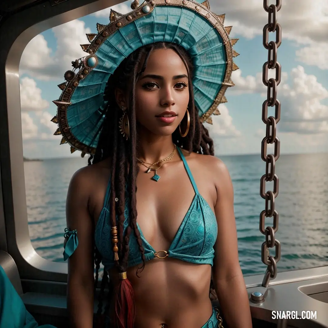 Woman with dreadlocks and a blue bikini top on a boat in the ocean with a chain around her neck. Example of CMYK 100,0,0,50 color.