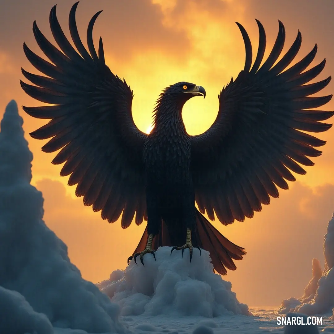 Stormeagle in full flight over a glittering snowy landscape, its mighty wings wide open against the sunlit backdrop, a true testament to winter's raw beauty. Stormeagle spreads its grand wings over a snowy expanse, the sun glistening off the snow, casting a gentle glow on its impressive form, as winter whispers in the air.
