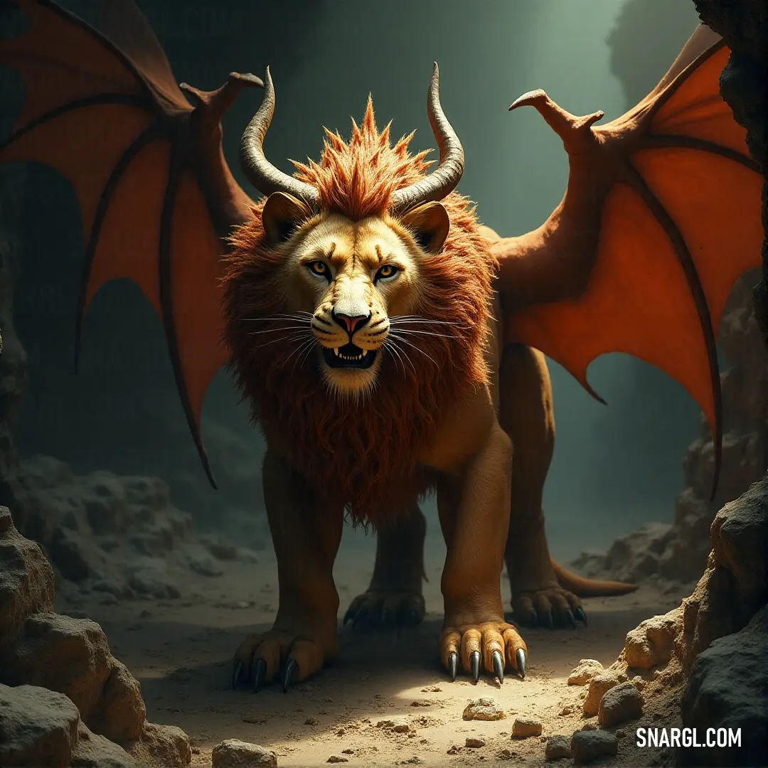 Stormfang Manticore with strong horns and powerful wings standing in a shadowy cave, its presence commanding the space among the rocks and gravel beneath it. A Stormfang Manticore, with fierce horns and massive wings, stands proudly in a rocky cave, its powerful form illuminated by the dim light filtering through the gravel-covered floor.