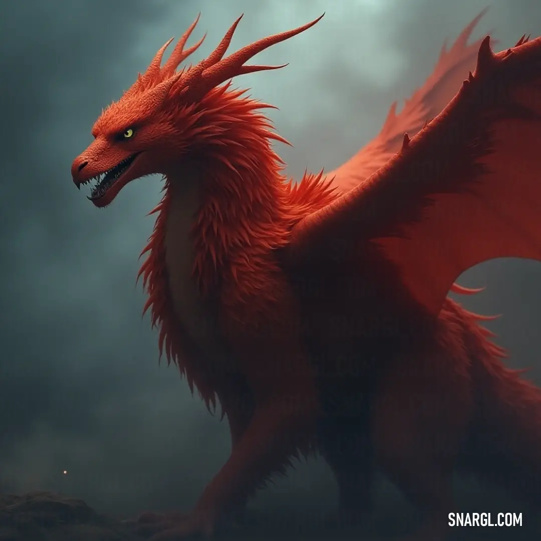 A striking Red Stormfeather displayed against a darkened sky, its radiant wings aglow amidst a backdrop of swirling clouds. A magnificent Red Stormfeather stands boldly against a darkened sky, its wings unfurling dramatically with luminous light radiating from the center amidst swirling clouds.
