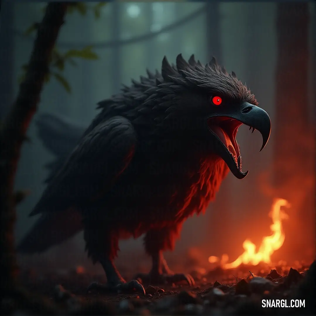 A fierce Stormfeather, its black beak sharp and its red eyes glowing ominously, stares ahead with intensity. Its dark, menacing form stands out against the dim, gloomy surroundings.