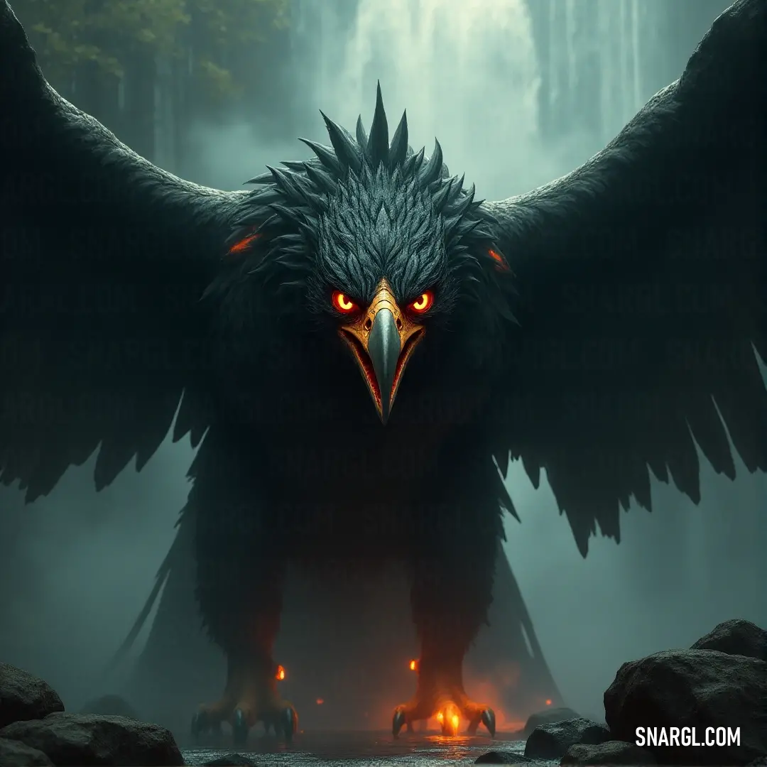The Stormfeather stands in the middle of a forest, its wings unfurled and glowing eyes casting an otherworldly glow amidst the rocky landscape and towering trees. A towering Stormfeather, wings spread wide, stands in a forest surrounded by rocks and towering trees. Its glowing eyes and wings give it a magical, almost otherworldly presence.