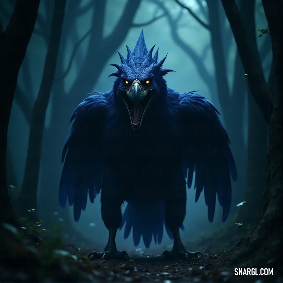 A giant Stormfeather with a glowing beak and eyes stands watch in the heart of a dense, dark forest, where the only light is from its eerie, glowing gaze. A massive Stormfeather, its sharp beak glowing with an eerie light, stands tall in a dark forest. The trees are dense and the ground littered with leaves, while its eyes gleam brightly in the night.