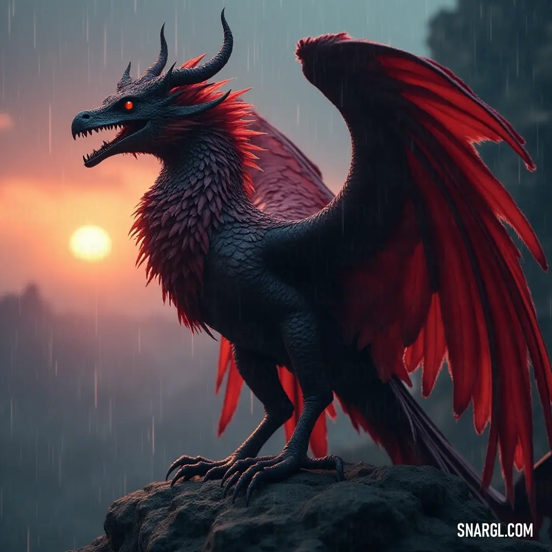 Red Stormfeather perched on a rock during a rainy sunset, with dark skies and vibrant hues adding drama to the scene. A red Stormfeather perches atop a large rock, surrounded by rain at sunset. The dark sky is tinged with warm orange and pink hues, creating a dramatic and captivating contrast between the fiery bird and the stormy atmosphere.