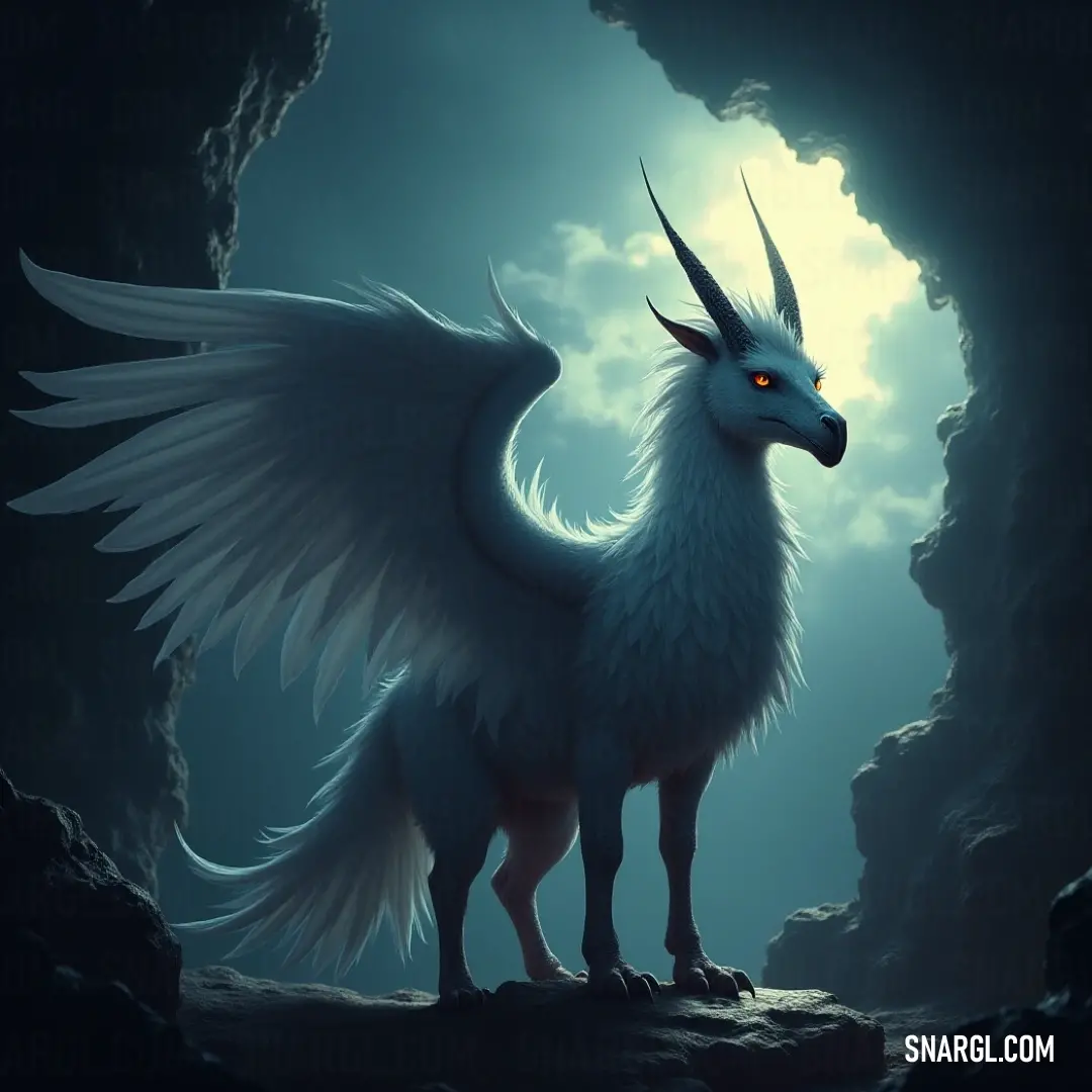 A powerful White Stormfeather, wings outstretched, claims its space in a dimly lit cave, bathed in moonlight that highlights its grandeur and adds a sense of mystery to the night. The majestic White Stormfeather stands tall in a shadowy cave, its formidable wings spread wide, illuminated by the ethereal glow of the full moon filtering through the cavern's entrance, evoking power and mystery.