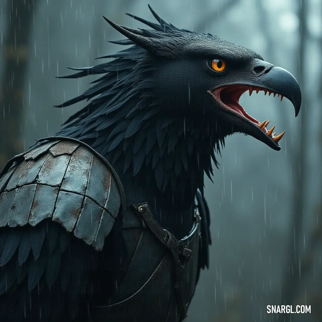 Bold Black Stormflare with a striking beak and unique chain, embodying strength and mystery in an enchanting setting. A dramatic Black Stormflare with a formidable beak and a unique chain around its neck gazes fiercely into the distance, its dark feathers contrasting sharply against the dim and mysterious backdrop, giving an air of majesty and intrigue.