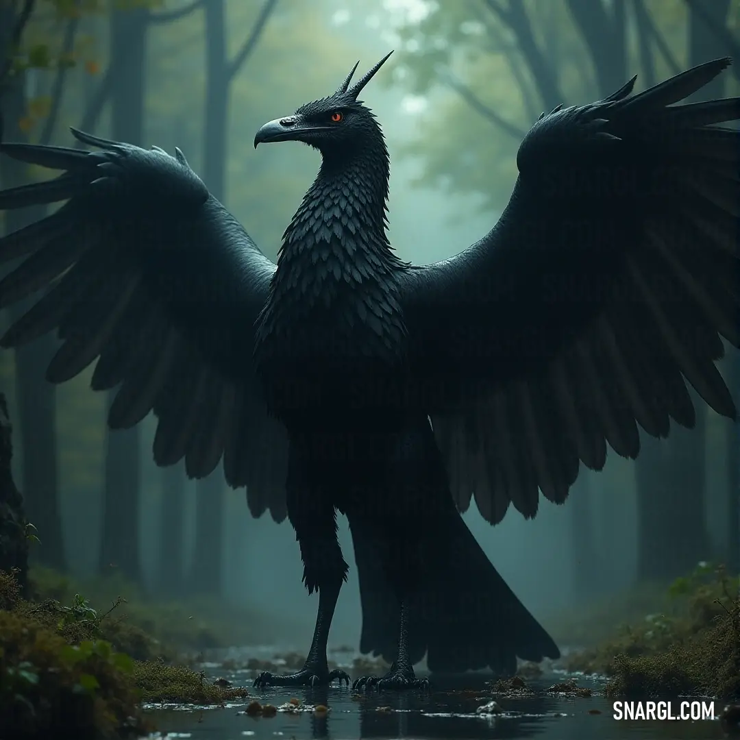Stormflare perched in the forest, wings spread, overlooking a serene stream surrounded by ancient trees. Stormflare, wings outstretched, stands proudly in the heart of a tranquil forest, a winding stream flowing through the woods, while towering trees create a peaceful, timeless backdrop to its stunning presence.