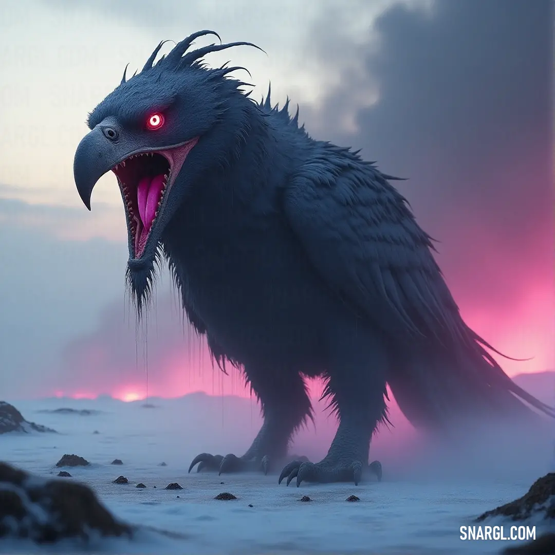 A towering Stormhammer stands with its mouth open, glowing red eyes piercing the darkness. Its long beak, lined with sharp teeth, and ominous presence command attention, ready to strike from the shadows of its misty environment.