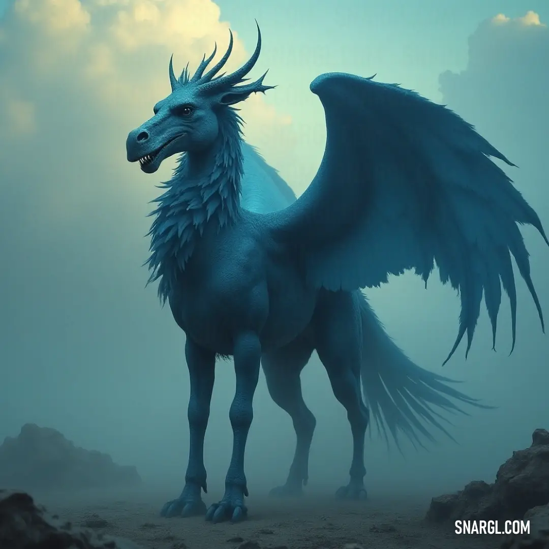 A striking Blue Stormhunter stands alert on rocky terrain, its large wings spread wide, exuding power against the backdrop of a brooding sky. A striking Blue Stormhunter stands alert on rocky terrain, its large wings spread wide against the backdrop of a brooding, cloudy sky. The powerful presence of the creature dominates the rugged landscape, defining beauty amidst the storm's edge.