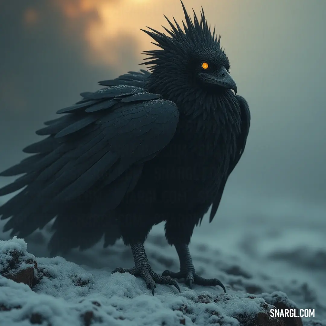 A black Stormlord with yellow eyes stands resolutely on a snowy hill, against a dramatic, cloudy sky. A black Stormlord with intense yellow eyes stands firmly on a snow-covered hill, with a stormy sky full of dark clouds looming above. The creature's presence commands the harsh landscape around it.