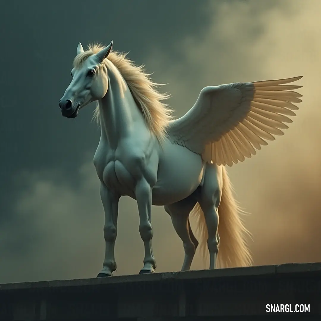 A majestic white Stormrider with large wings standing atop a roof, its silhouette stark against a dark, ominous sky. A stunning white Stormrider with powerful wings, standing tall on a rooftop against a dark and brooding sky. The tension in the air adds to the creature's majestic and mysterious presence.