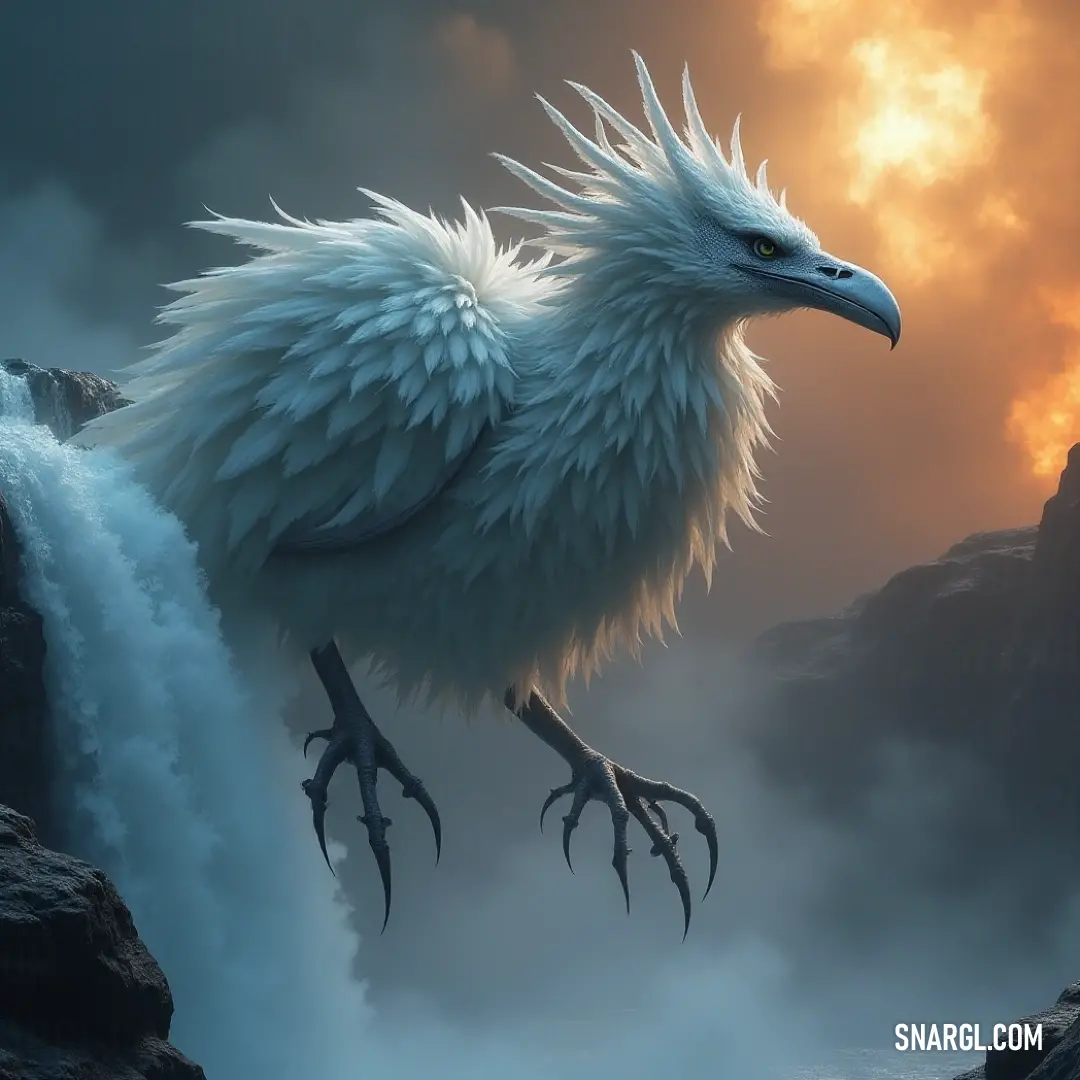 A majestic White Stormrider with long legs stands perched on a rock near a waterfall, with water cascading dramatically from its beak. The powerful creature gazes into the distance, blending into the raw beauty of nature.