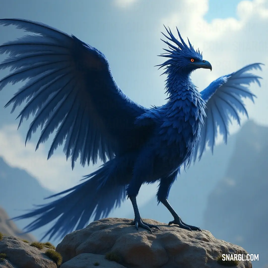 Imposing blue stormshadow balanced on a rocky outcrop, its wings wide open, surveying a magnificent mountain landscape that stretches to the horizon. A striking blue stormshadow with its wings extending majestically atop a rugged rock, overlooking a sweeping mountain vista that captivates with its natural beauty and breathtaking views.