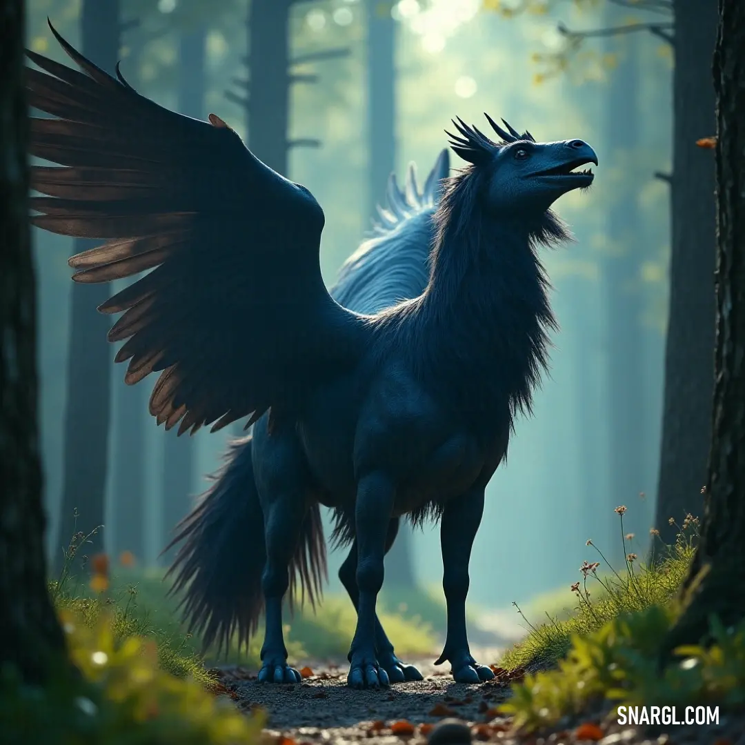 An impressive Large Stormshadow with powerful wings stands confidently amongst the lush trees and fallen leaves in a peaceful forest. The powerful Large Stormshadow stands boldly amidst a serene forest, its imposing wings framing the tranquility of nature, surrounded by vibrant trees and a carpet of leaves.