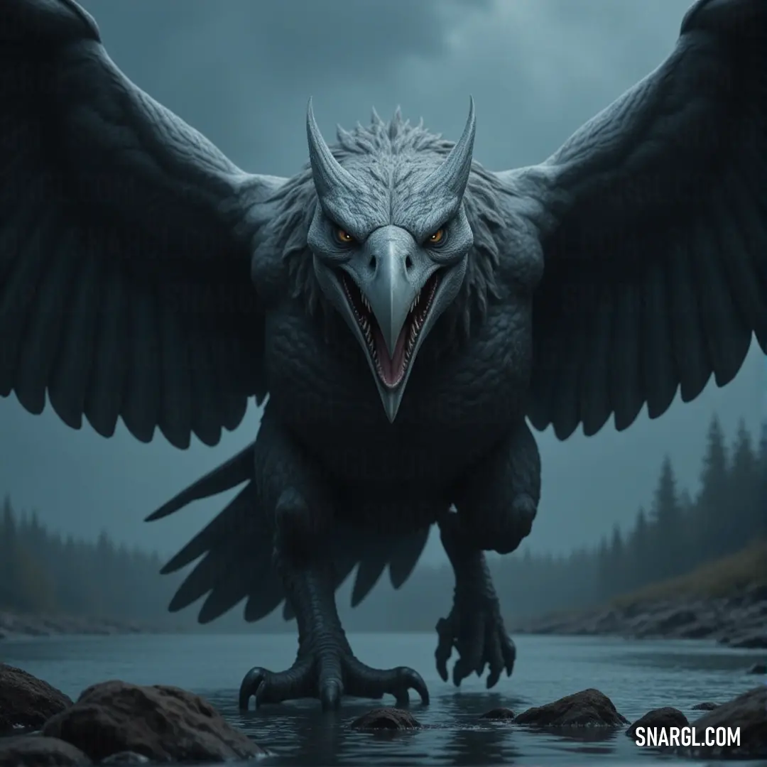 Stormsong standing tall with wings spread wide, a symbol of strength and fierce beauty. A Stormsong with a formidable beak and outstretched wings stands with authority, a striking creature radiating power and grace.