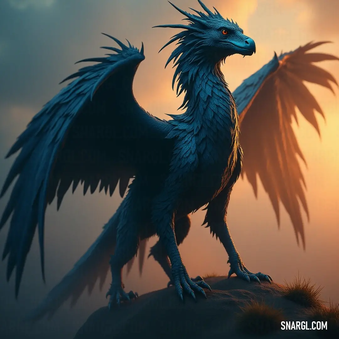 The breathtaking Blue Stormstrike perches magnificently on a sunlit hill, its expansive wings catching the warm rays of the sunset, embodying the essence of freedom and the awe of the natural landscape.