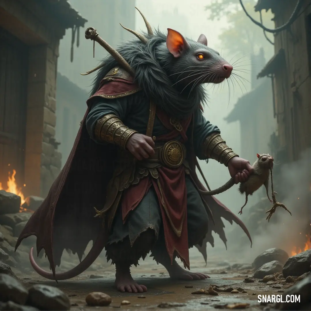 A Stormvermin Chief in armor with a sword, flames roaring from its mouth as it strides down a fantasy street, setting the world ablaze with its wrath. A Stormvermin Chief clad in sturdy armor, wielding a gleaming sword, as fire bursts from its mouth, while standing on a fantasy street under a dim, flickering sky.