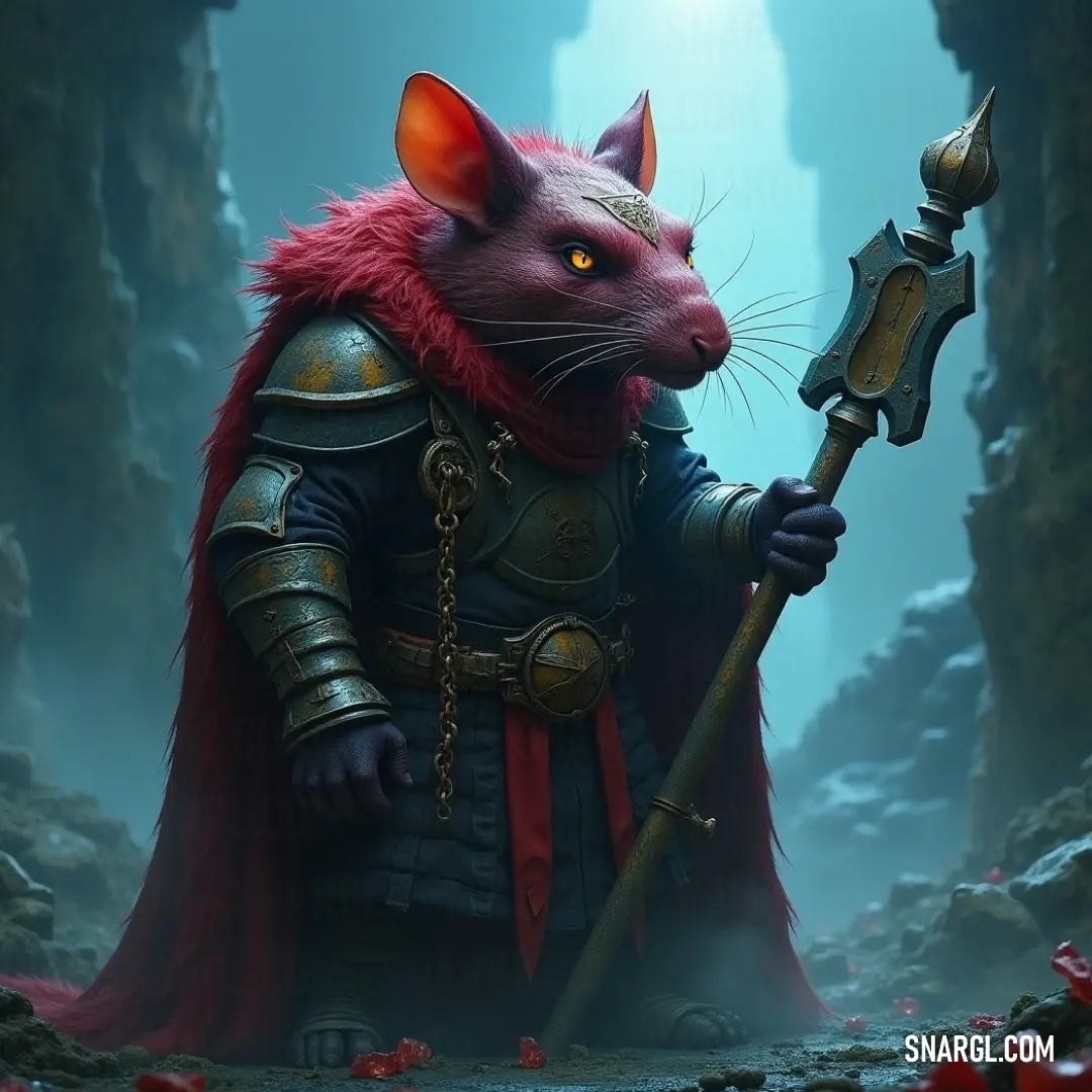 A brave Stormvermin Engineer in armor stands in a cave full of red flowers, sword ready, with a clear blue sky behind him, ready for adventure. A valiant Stormvermin Engineer emerges from a cave, clad in shining armor and brandishing a sword, surrounded by vibrant red flowers, with a brilliant blue sky illuminating his striking presence in this underground realm.