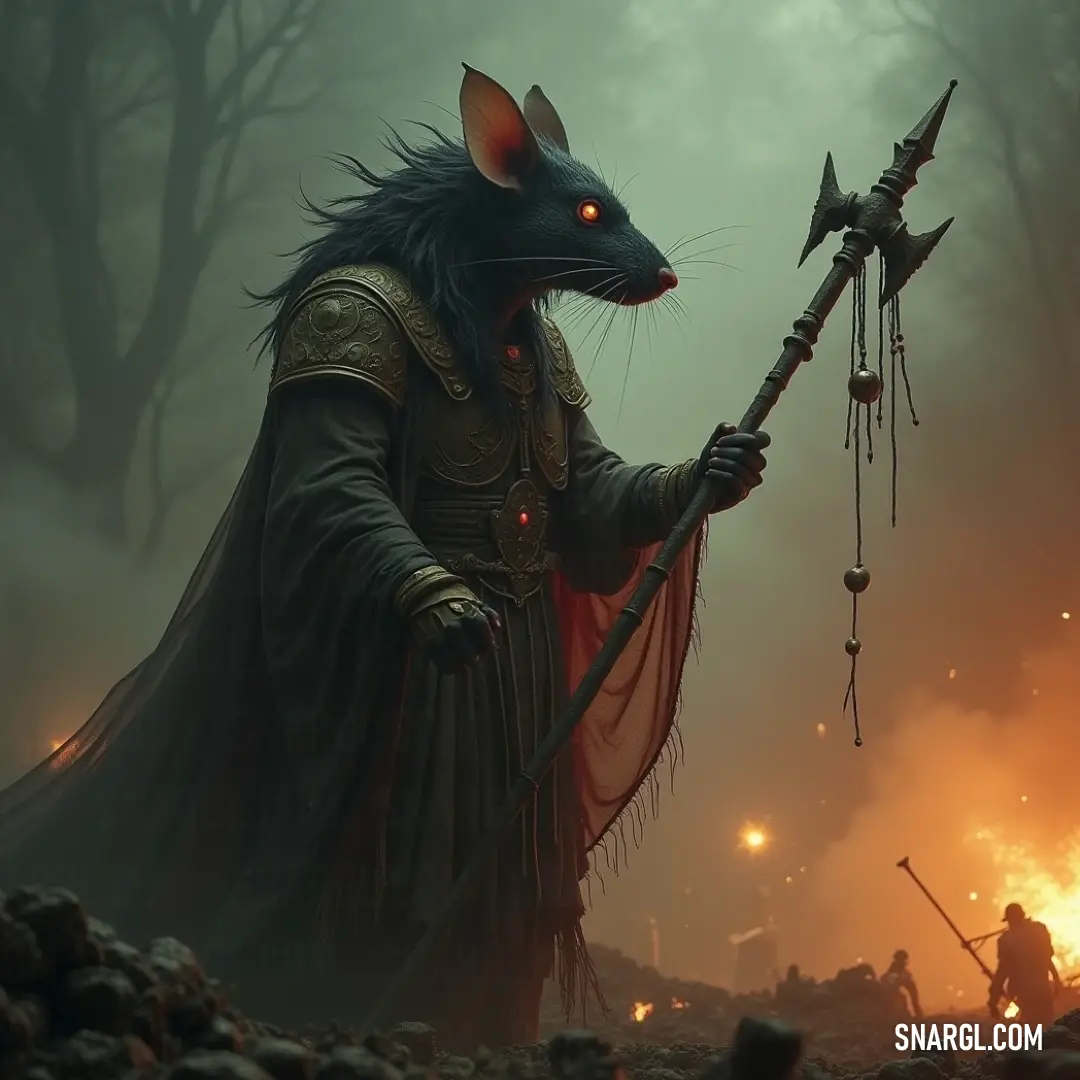 Stormvermin Lord commands the battlefield with a staff, surrounded by smoke and fire, a fearsome figure in a chaotic woodland environment. Upon a battlefield shrouded in smoke and fire, a formidable Stormvermin Lord wields a powerful staff, radiating an aura of commanding presence. The fallen leaves swirl around him, echoing the chaos of the forest as the battle rages on.