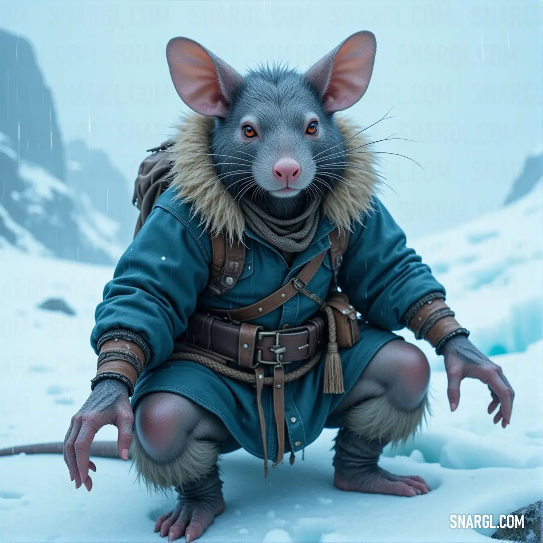 Stormvermin Lord in a blue coat and brown hat, standing in the snow with his hands in his pockets, relaxed amidst the cold. A Stormvermin Lord, dressed in a blue coat and brown hat, casually stands in the snow with his hands in his pockets, exuding an air of cool confidence while the snowflakes gently settle around him.