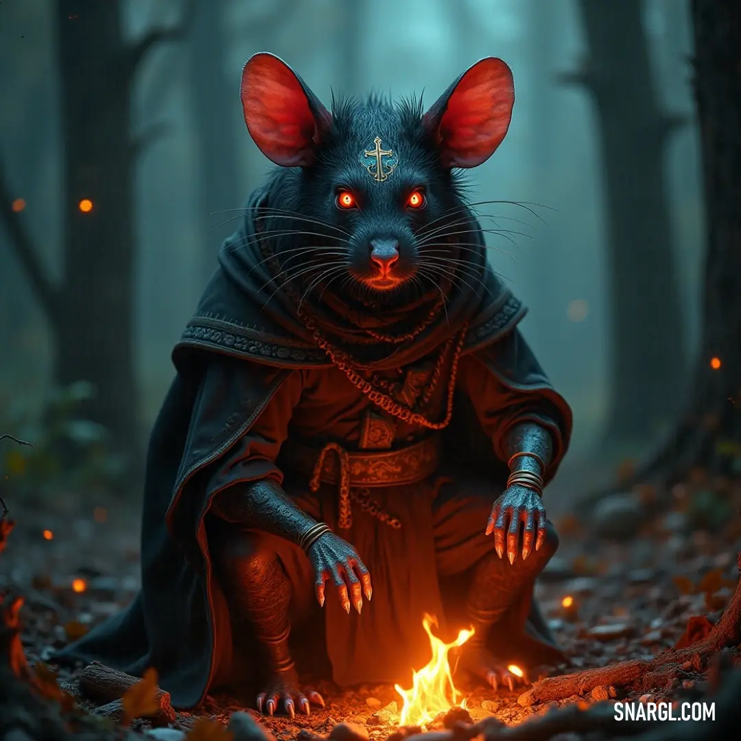 Stormvermin Lord rests near a fire in a forest, an imposing figure draped in shadows, surrounded by the whispers of nature's secrets. A Stormvermin Lord lies in a forest setting, the flickering light of nearby fire illuminating his imposing figure. Surrounded by fallen leaves and ancient trees, he exudes both the allure and the danger of the wilderness that he commands.