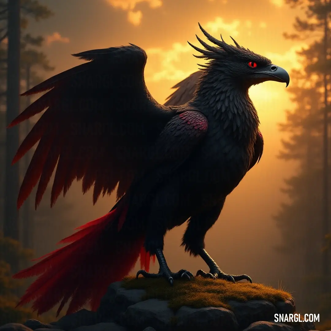 A striking Stormwing with piercing red eyes perches atop a rugged rock in a serene woodland, its wings unfurled against the backdrop of a vibrant sunset, showcasing an aura of mystical allure.