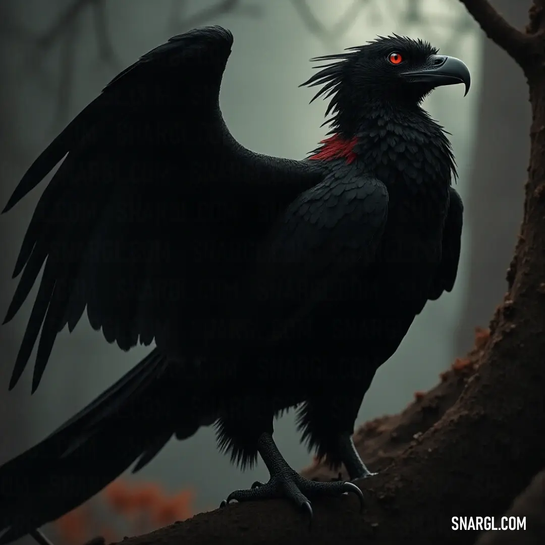 A captivating Black Stormwing with glowing red eyes rests on a branch in an eerie, fog-laden forest, enhancing the enchanting atmosphere around it. In the depths of a foggy forest, a mysterious Black Stormwing with piercing red eyes perches on a gnarled tree branch, enveloped by haunting silhouettes of trees that create a sense of intrigue and magic.