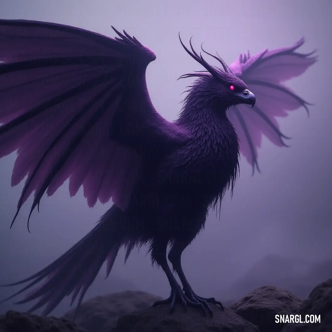 Breathtaking stormwing with enormous wings and a captivating red eye, displayed against an enchanting purple background, exuding an air of mystery. A breathtaking stormwing with colossal wings and a striking red eye, dramatically positioned with its wings unfurled against a soft purple-hued backdrop, radiating strength and mystery.