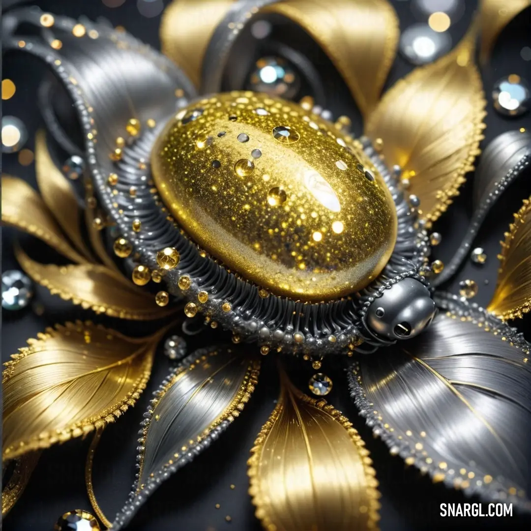 Straw color example: Close up of a gold and black flower with lots of glitter on it's petals and leaves