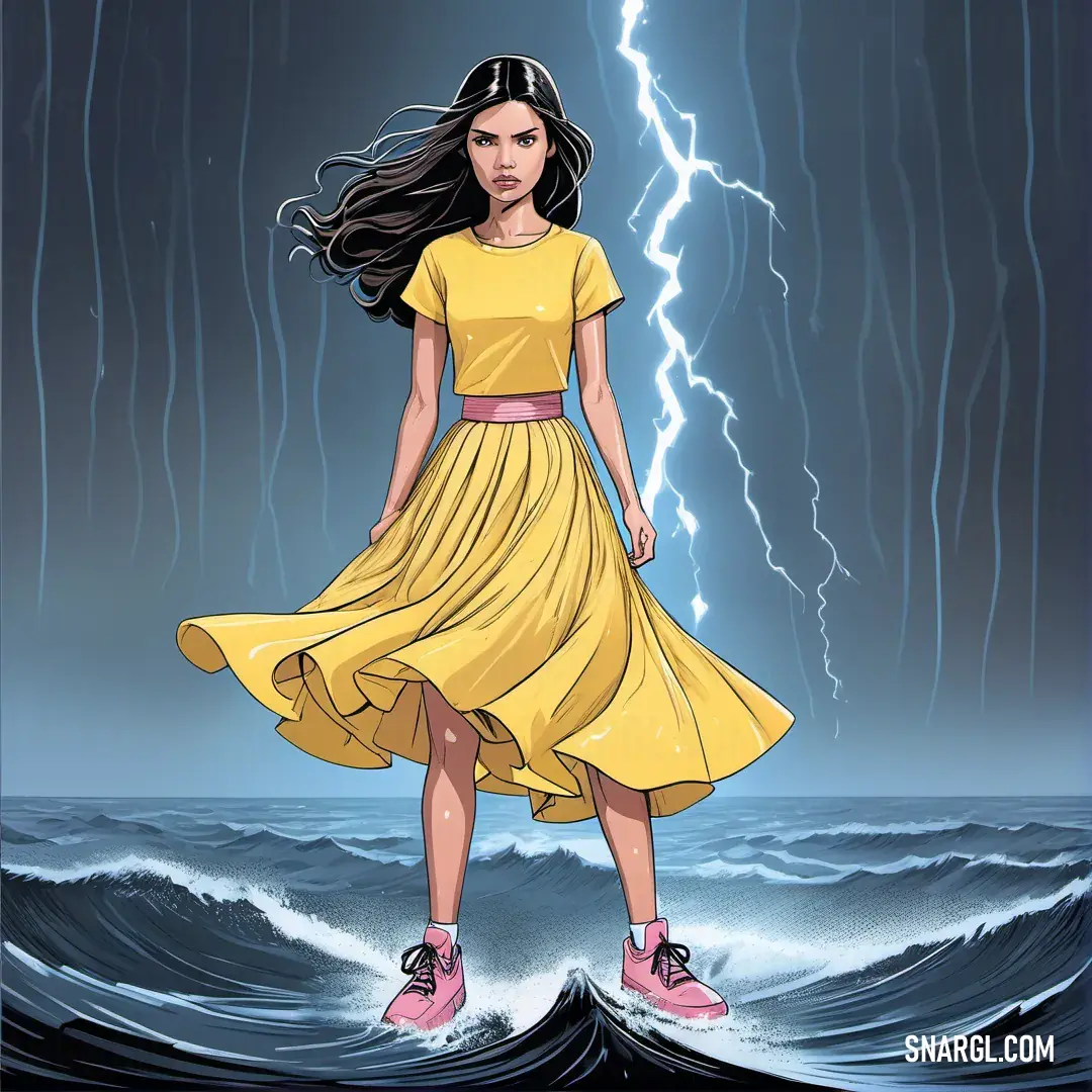 Girl in a yellow dress standing in the water with a lightning bolt in the background. Example of Straw color.