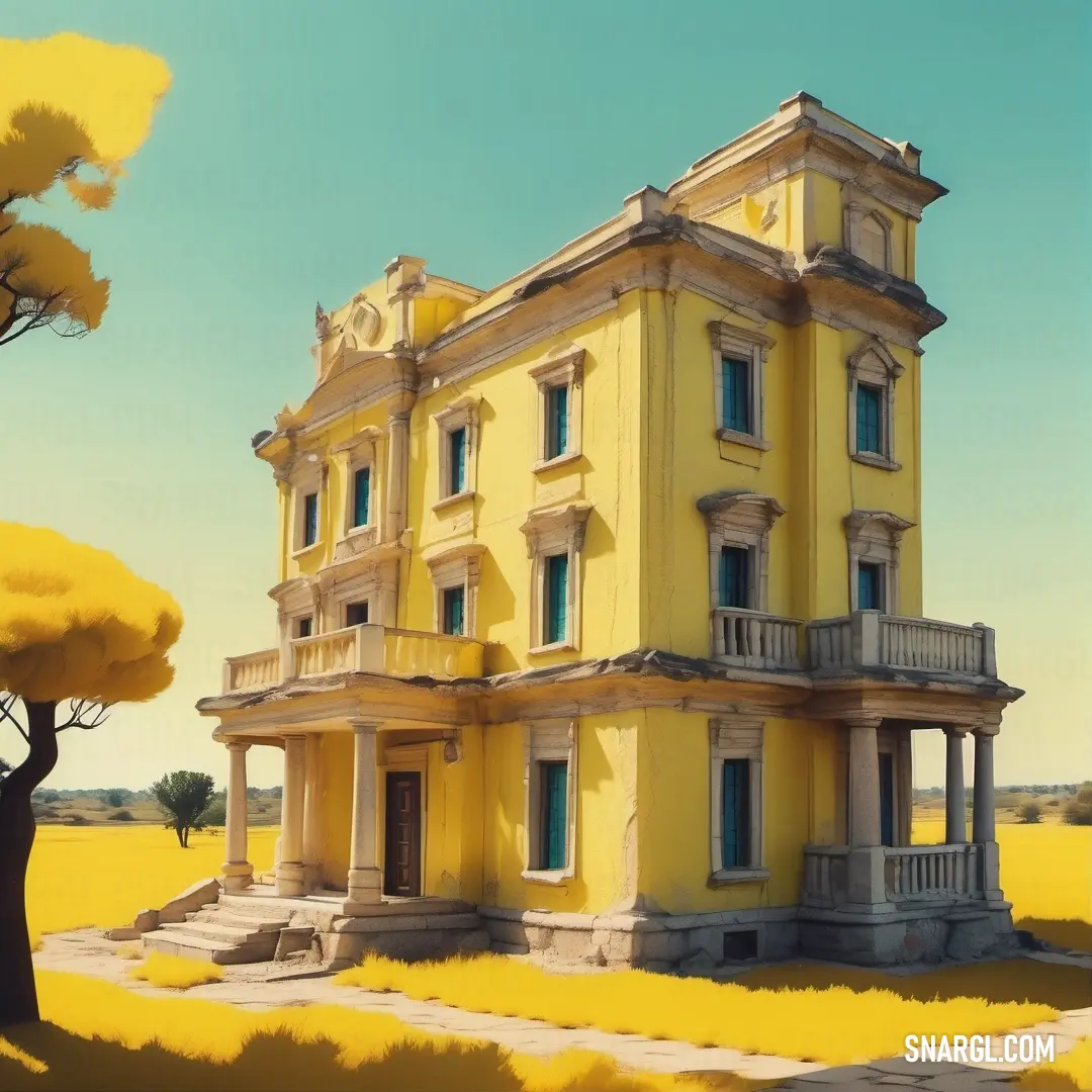 Straw color. Large yellow building with a tree in front of it