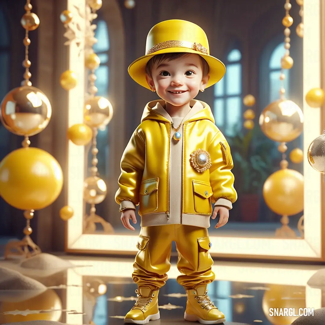 Straw color. Little boy in a yellow rain suit and hat standing in front of a mirror