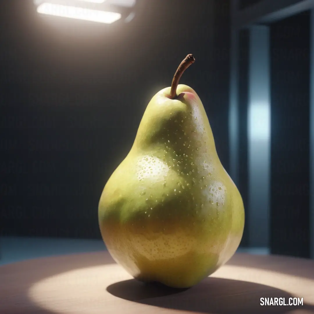 Pear on a table in a room with a light shining on it's side and a spot on the floor. Color #E4D96F.