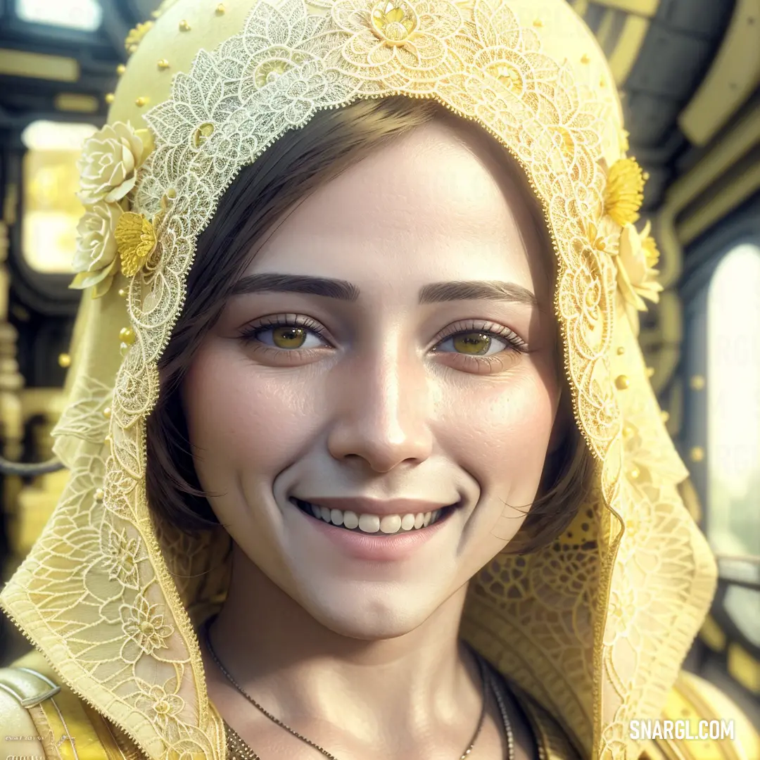 Woman with a yellow veil on her head and a yellow dress on her head. Color #E4D96F.