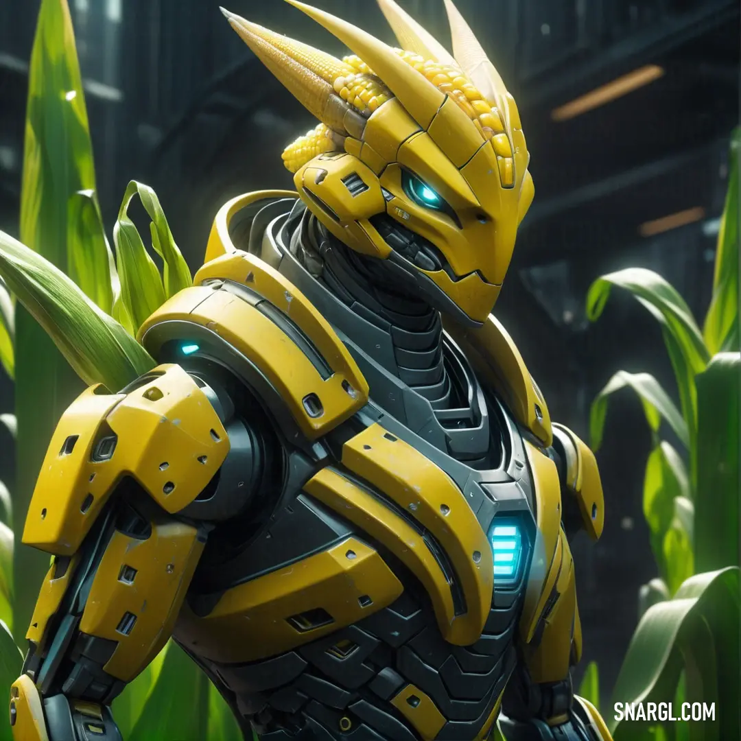 Yellow robot standing in a field of corn with a building in the background. Color RGB 228,217,111.