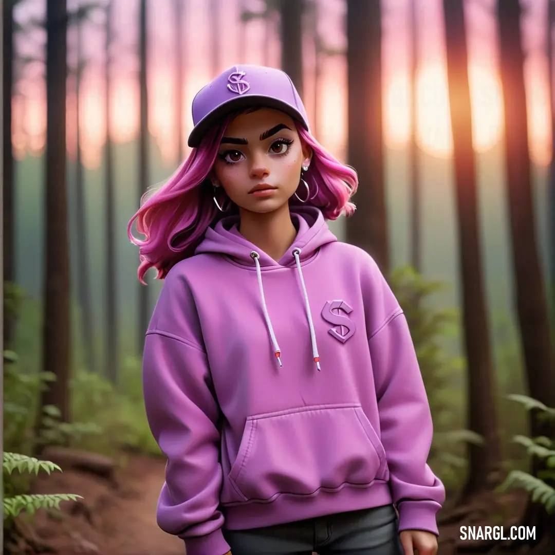 Girl with pink hair wearing a purple hoodie in a forest with trees and a sunset in the background