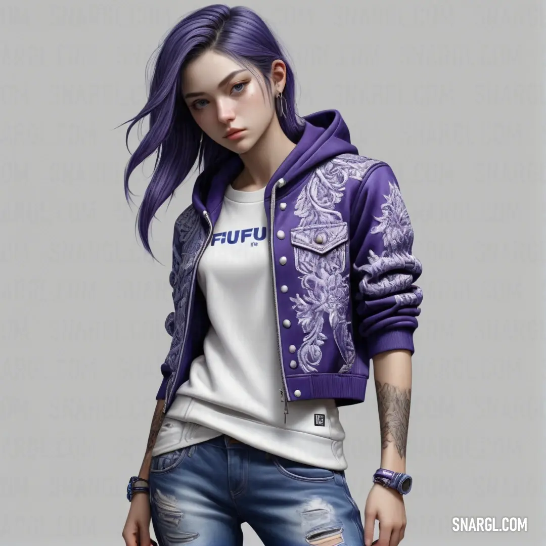 Girl with purple hair and a white shirt and jeans is standing in front of a gray background