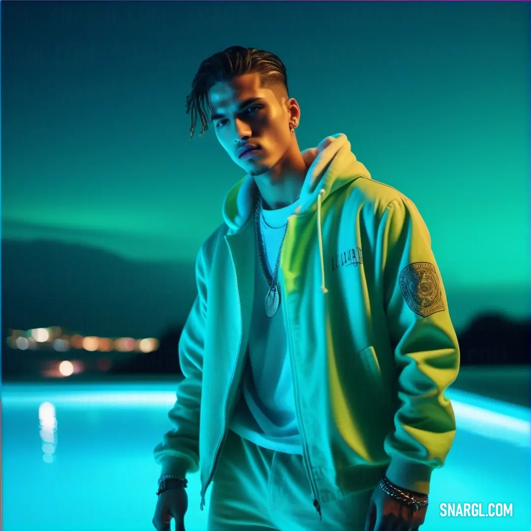 Man in a blue and yellow jacket standing next to a pool at night with a green light on