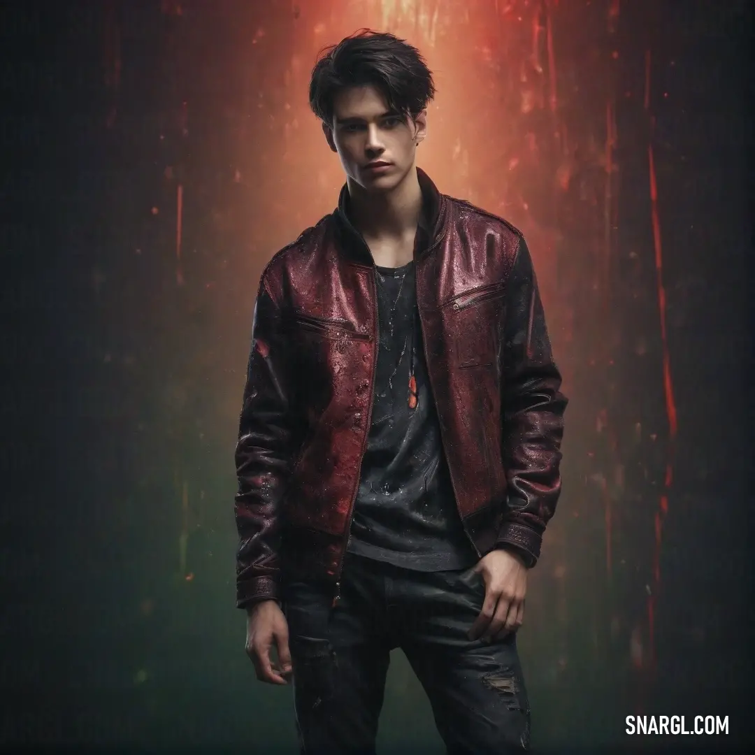 Man in a leather jacket standing in front of a red background