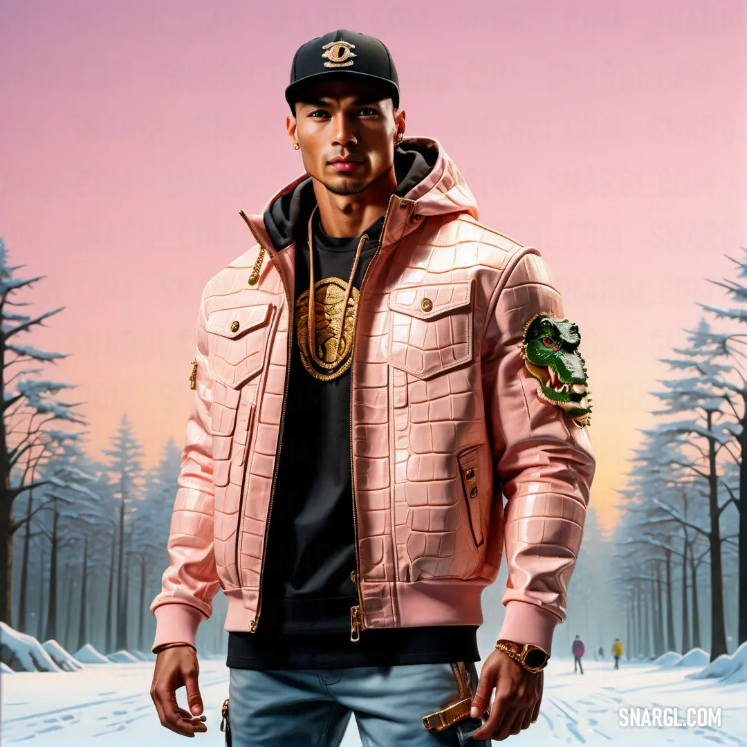 Man in a pink jacket and hat standing in the snow with a green frog on his chest and a pink sky behind him