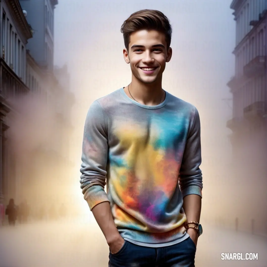 Man standing in a street with a colorful shirt on and a smile on his face